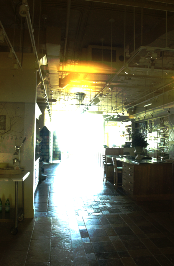 The HDR image created from the `design` image sequence clipped to different ranges. (e) 2e8