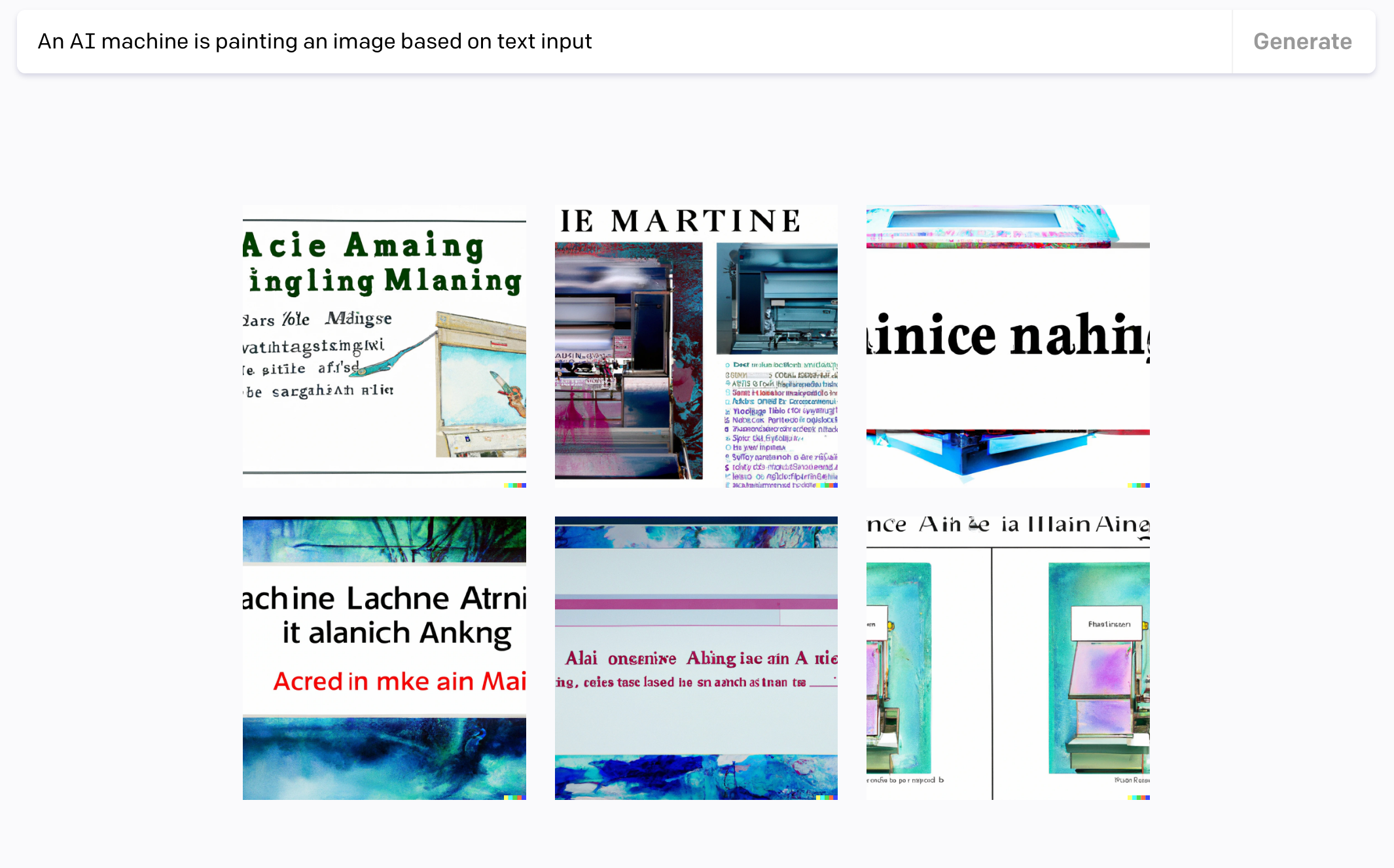 One of the first prompts, unsuccessful: "an AI machine is painting an image based on text input"
